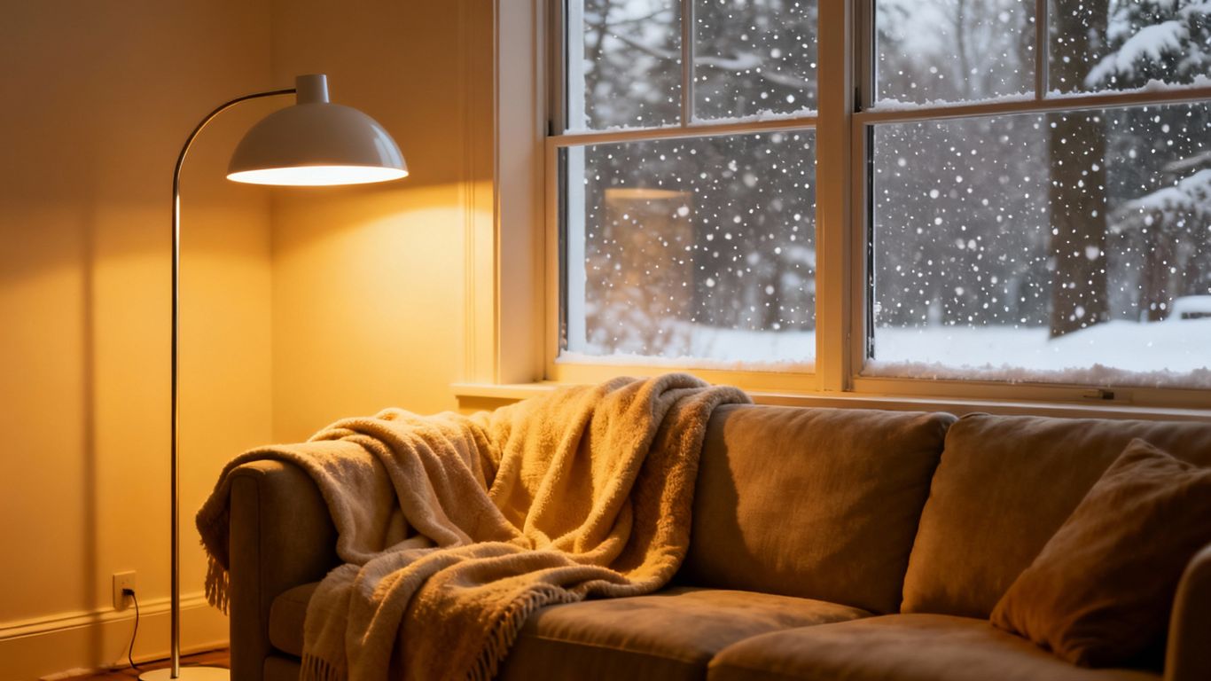 Warm indoor lighting in a cozy winter living room.
