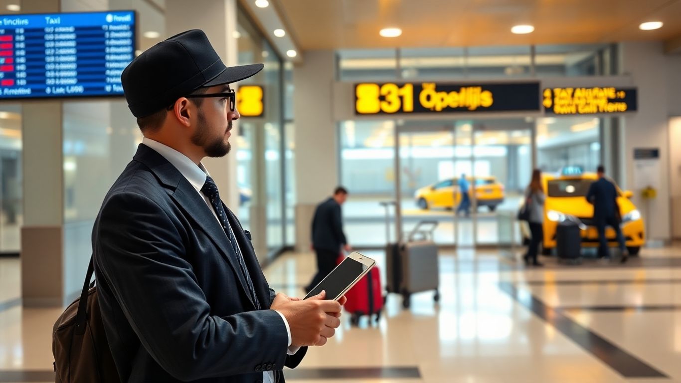 Airport taxi driver waiting inside arrivals with luggage carts