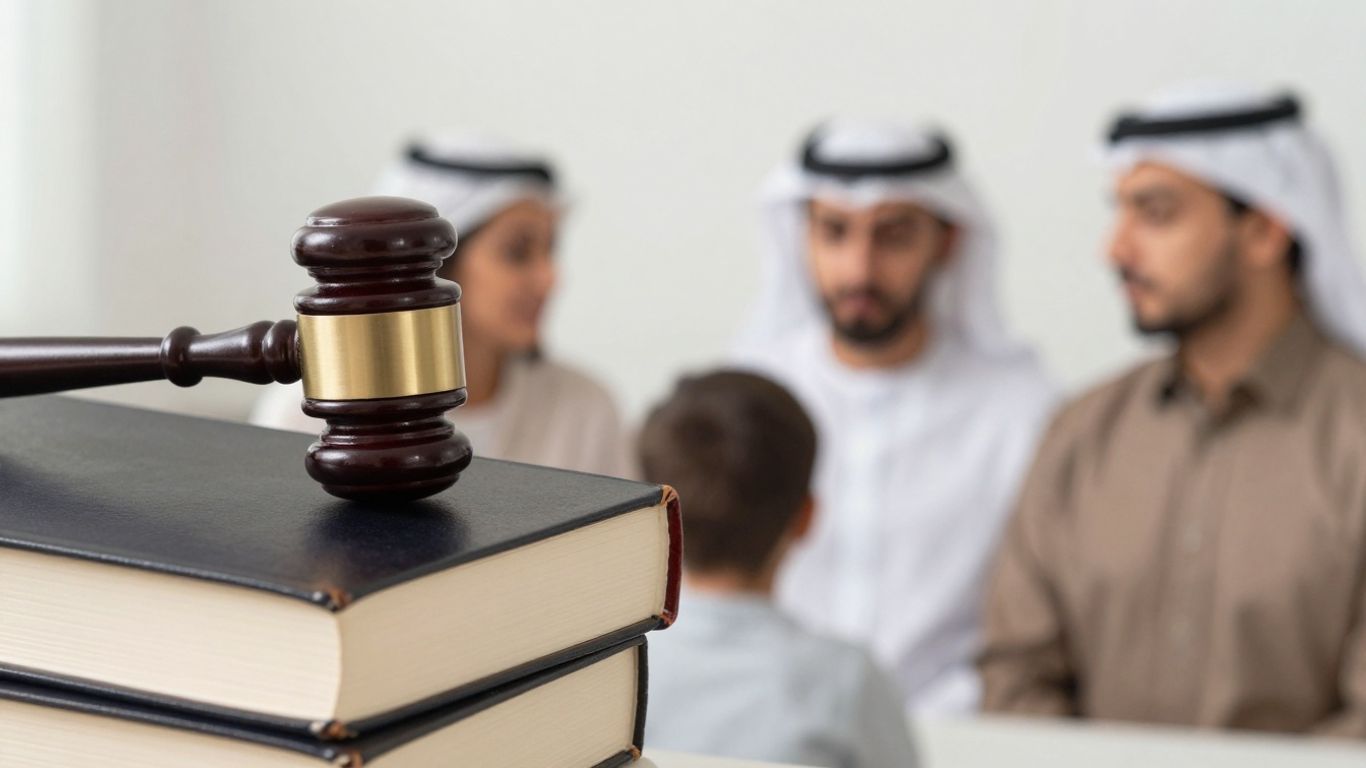 Parents and child with a gavel and law book.