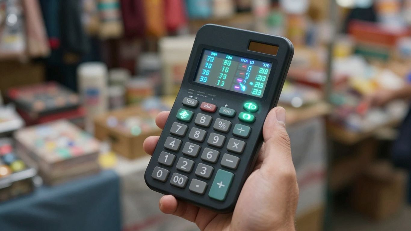 Trading calculator with glowing numbers and currency icons.