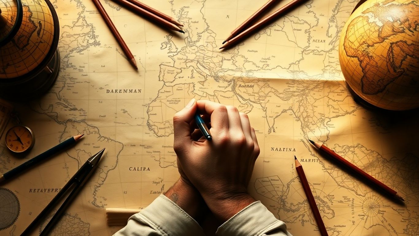 Hands sketching maps with old globes and tools