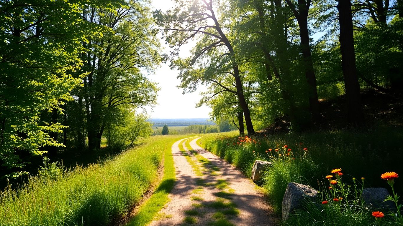 Path through nature towards a bright horizon.