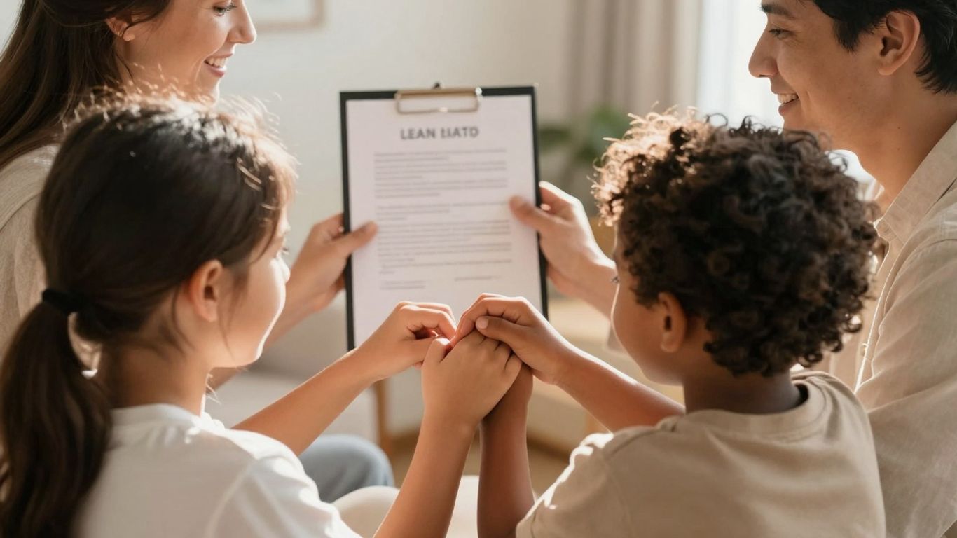 Family holding hands, legal document in background.