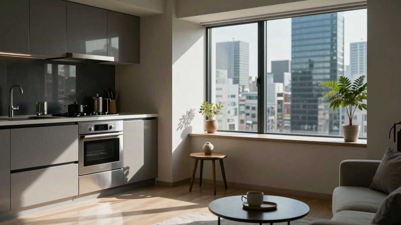 Spacious Tokyo apartment with modern kitchen and city view.
