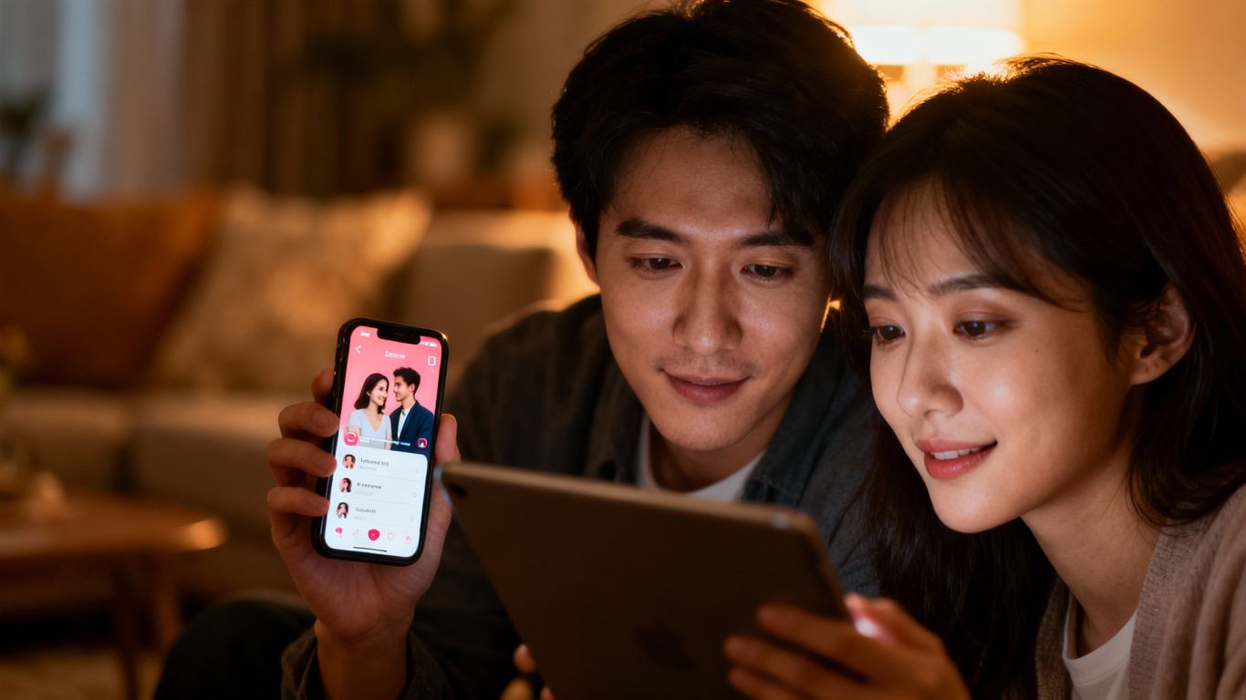 Couple interacting with dating apps on phones and tablets.