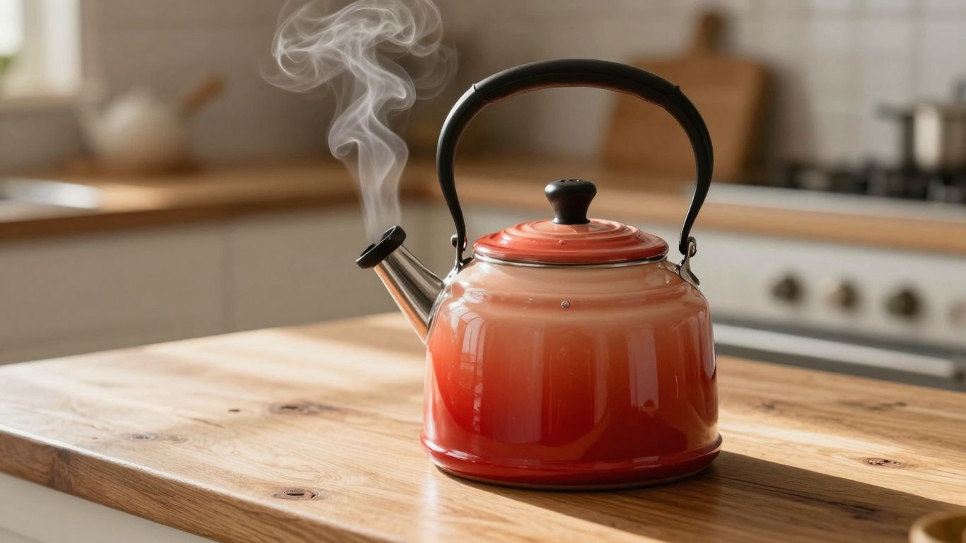 Le Creuset kettle on a wooden counter