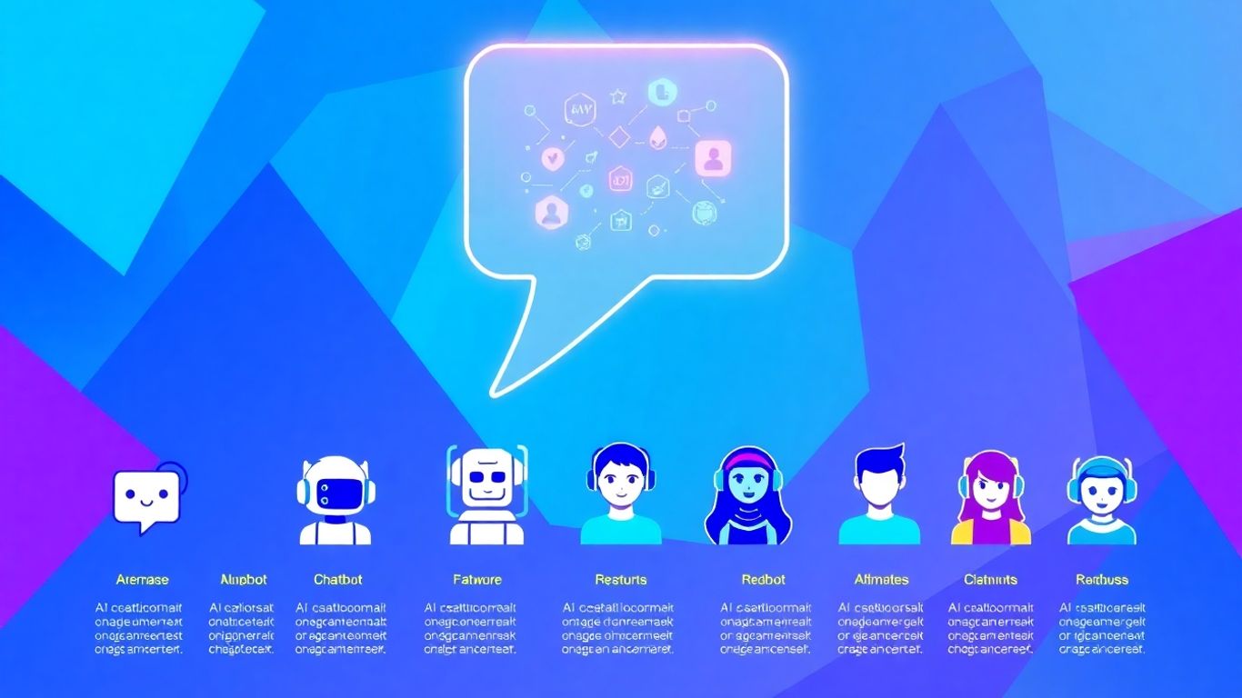 AI chatbot infographic with speech bubble and digital patterns.