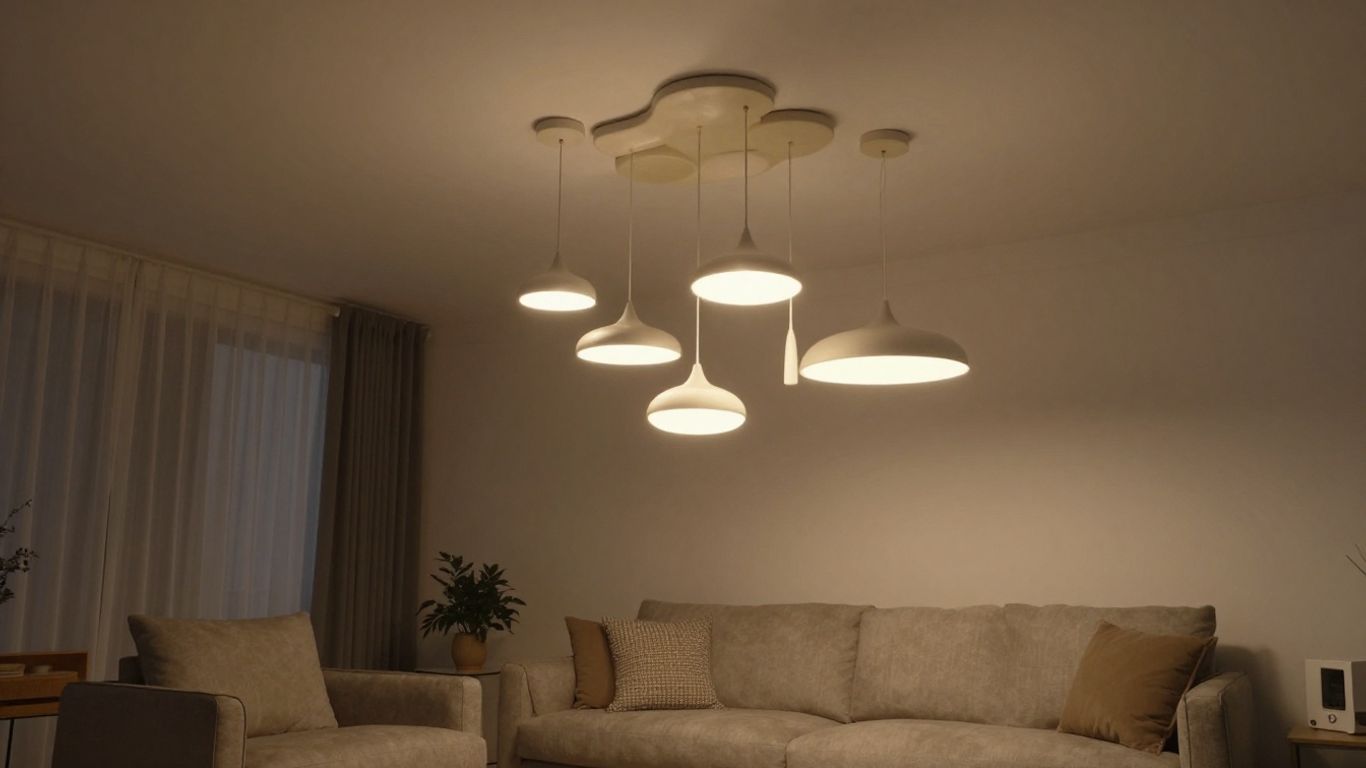 Stylish pendant lights illuminating a modern living room ceiling.