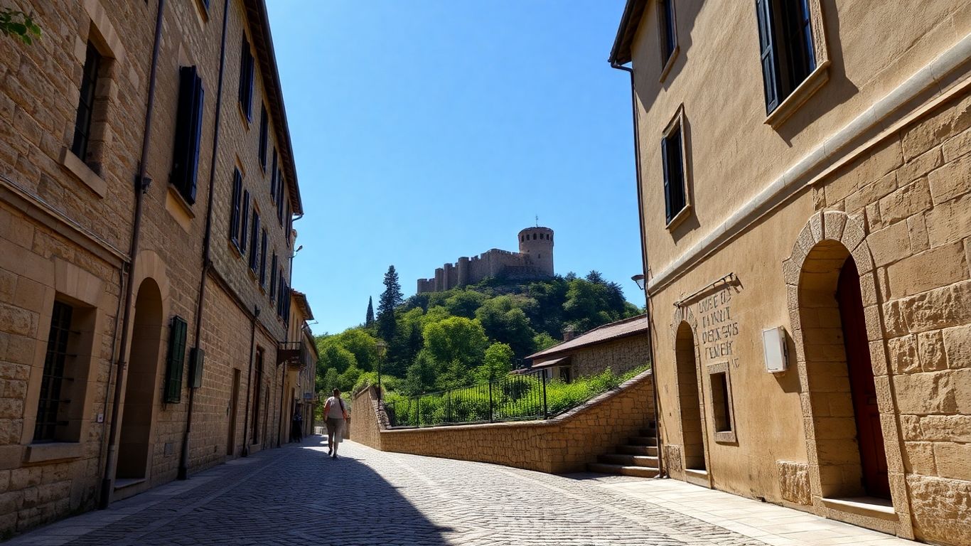 Kopfsteinpflasterstraße, die zu einem Wanderweg und einer Burg führt.