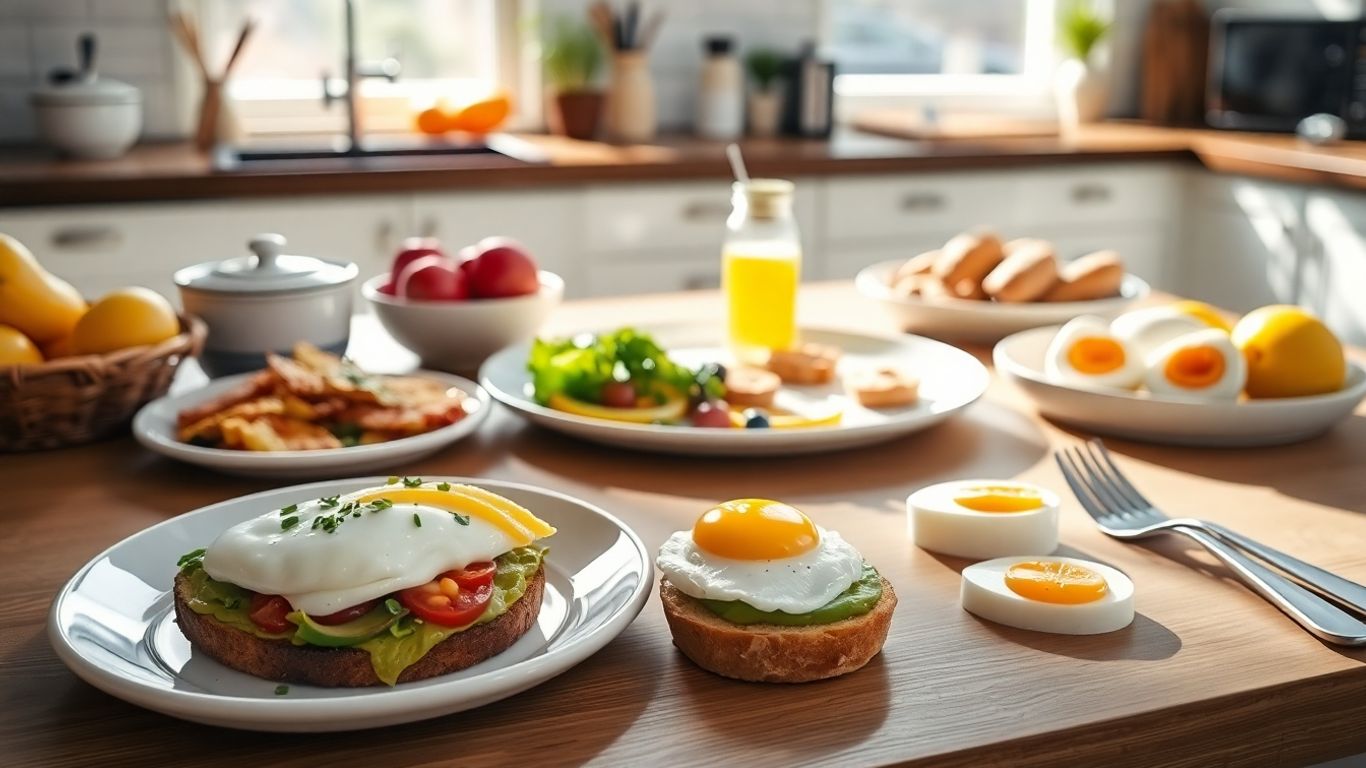 Assorted breakfast egg dishes on a sunny morning table.