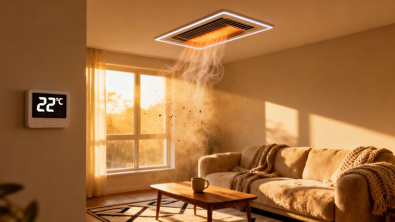 Cozy living room with warm air from HVAC vent.