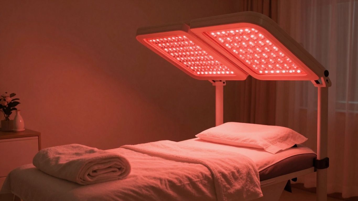 Red light therapy treatment room glowing warmly.