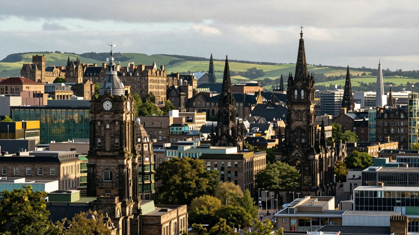 Edinburgh cityscape with rolling green hills.