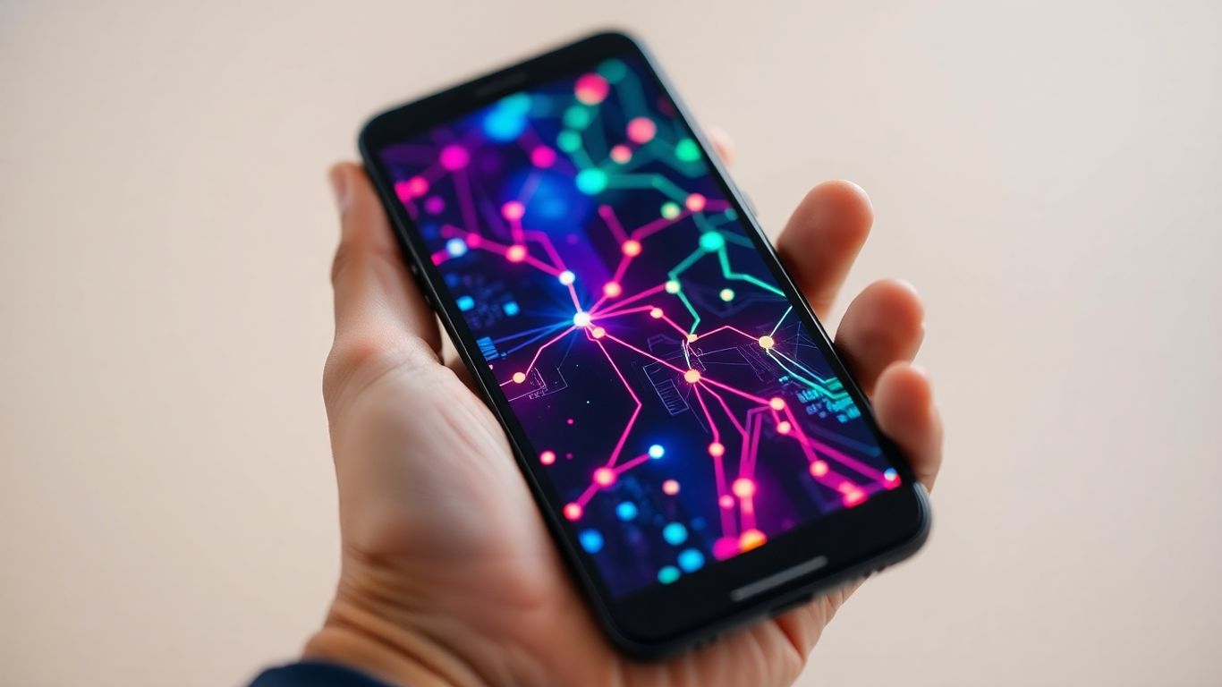 Smartphone screen with glowing digital data patterns.