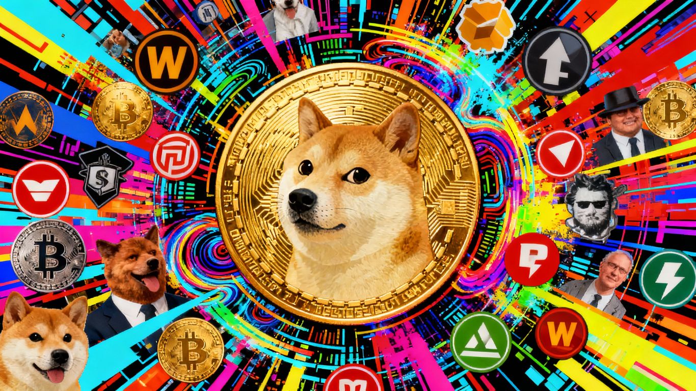 Meme coins and cryptocurrency logos collage.