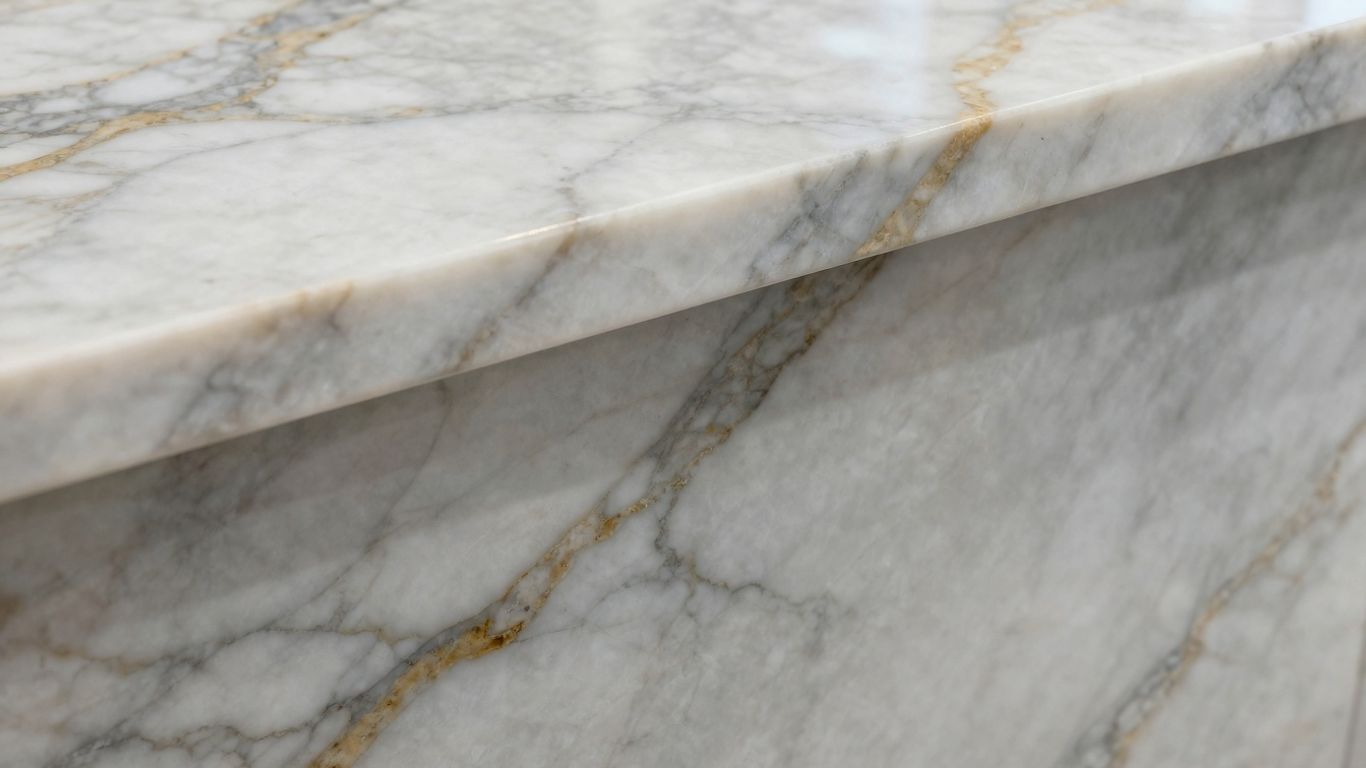 Polished Thassos white marble with subtle grey and gold veining.