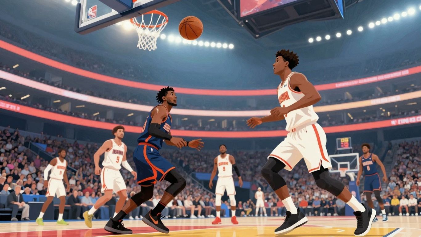 NBA game action with stadium lights and basketball.