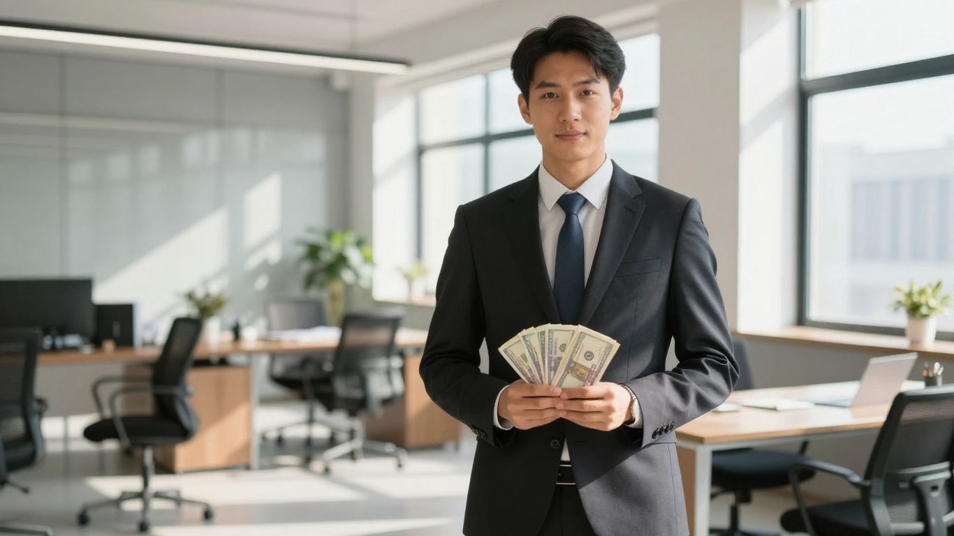 Real estate broker with money in office.