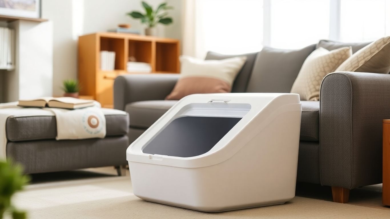 Top entry litter box in a clean home setting.