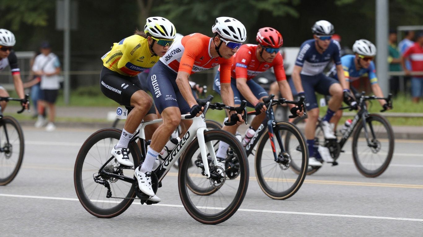 Cicliști în cursă, biciclete moderne, viteză, competiție.