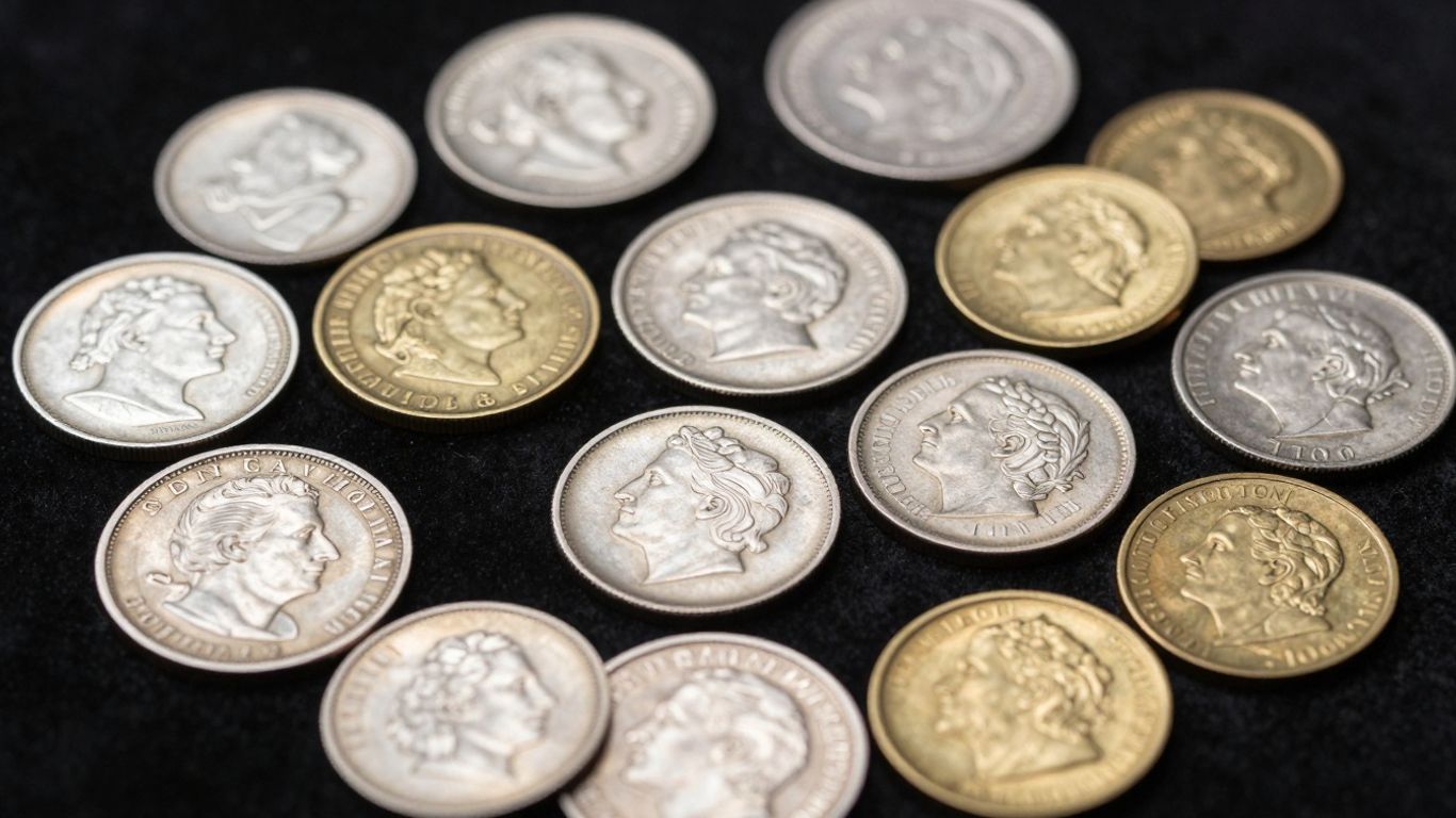 Variety of valuable coins displayed