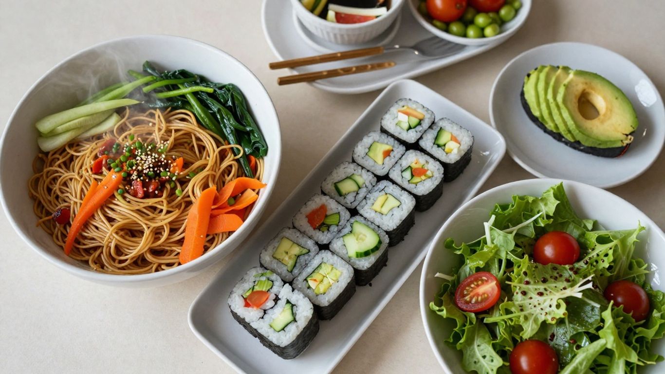 Healthy vegetarian noodles, sushi, and salad dishes.