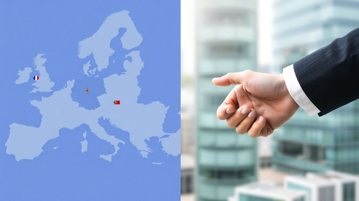 Harta Europei de Est și o strângere de mână.