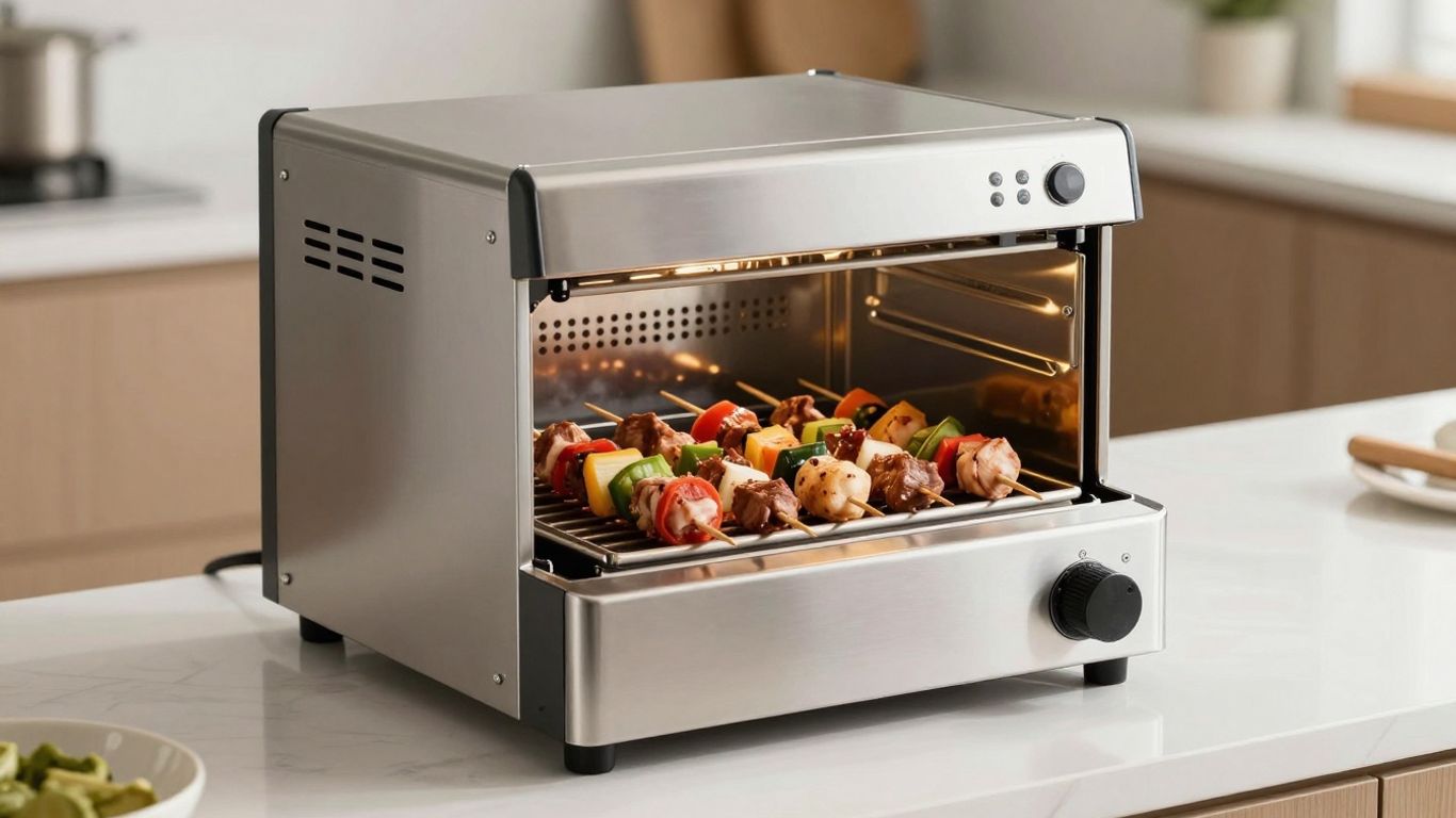 Modern kebab machine with loaded skewers on a kitchen counter.