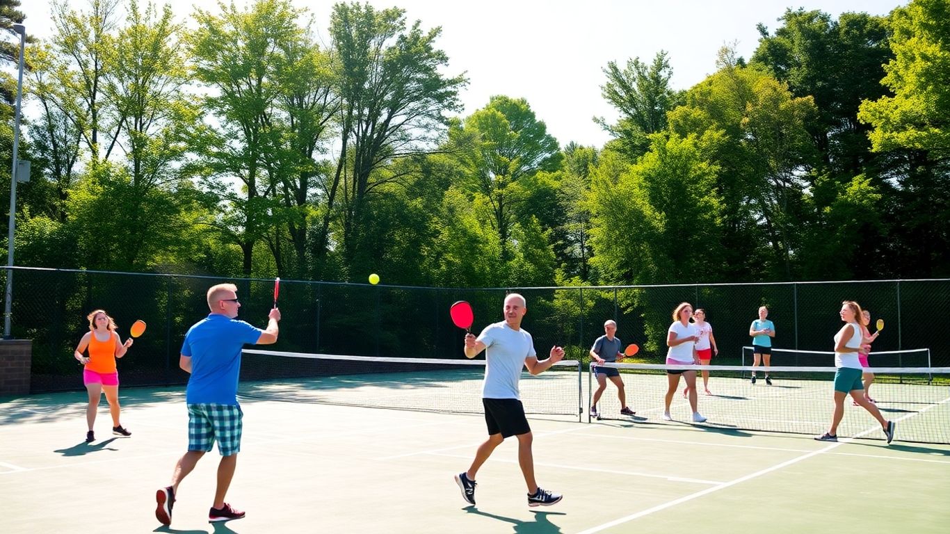 Pickleball players on a sunny court in Massachusetts.