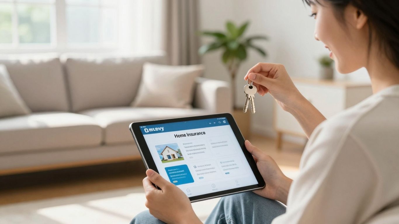 Persona feliz comparando seguros de hogar en una tablet.
