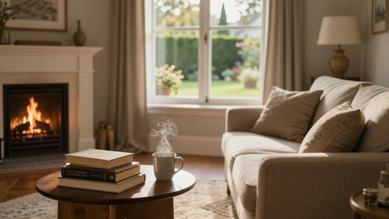 Sala de estar acogedora con chimenea y jardín.