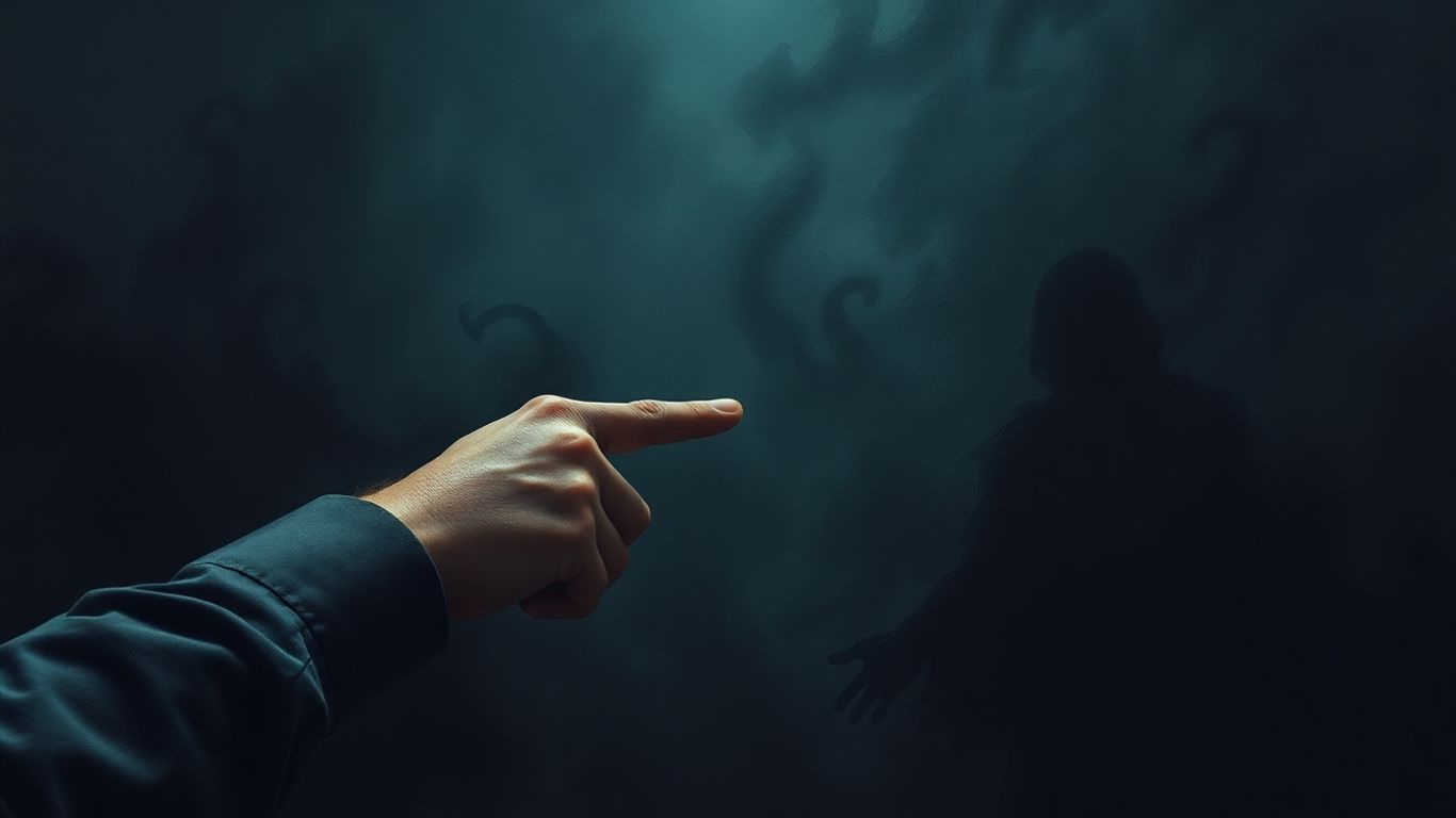 Person blaming another figure in a dark setting.