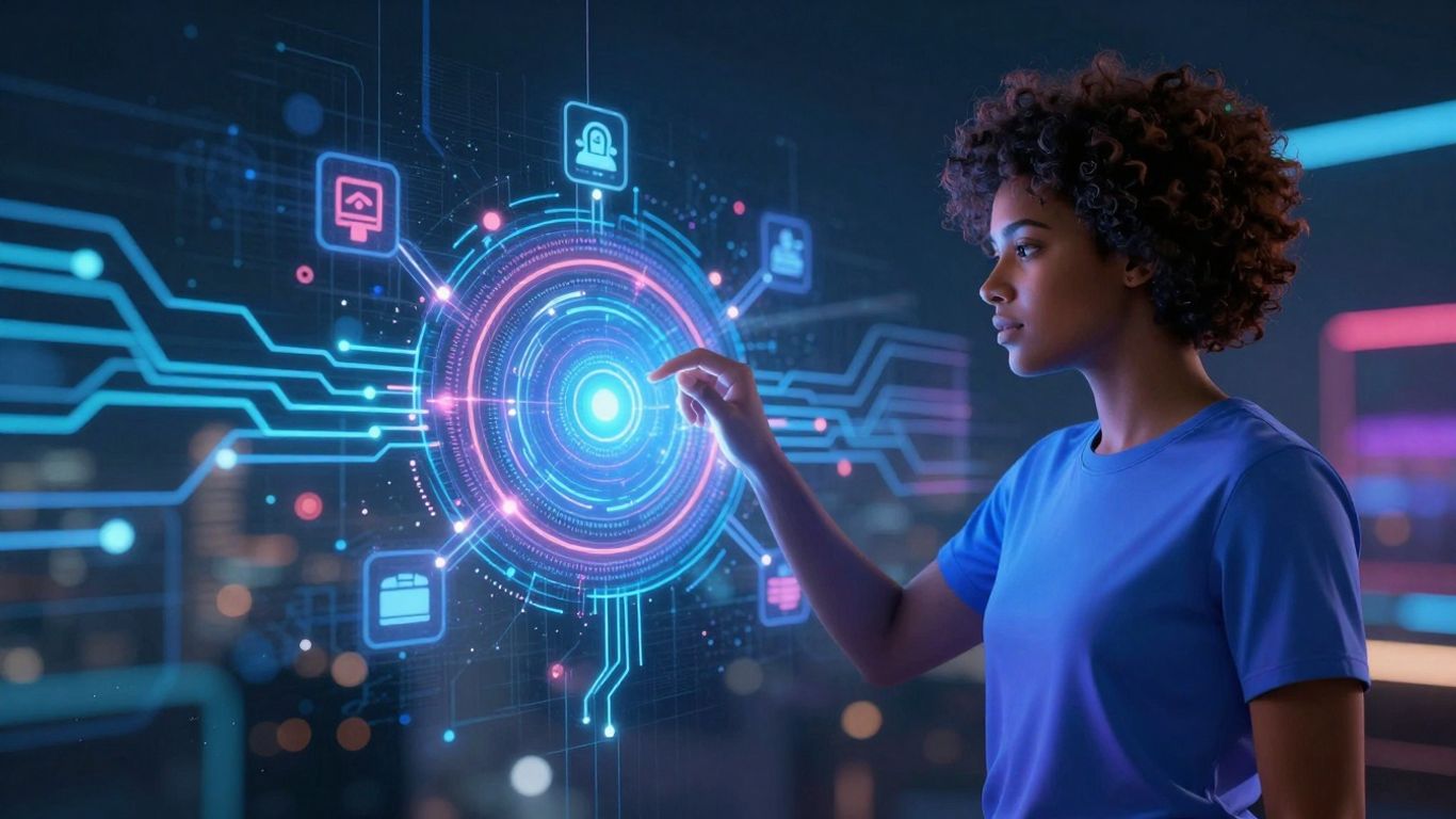 AI marketing automation infographic with glowing circuits and data streams.