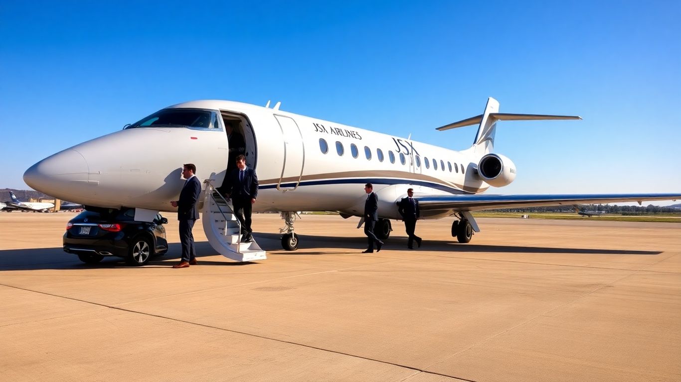 JSX Airlines jet on tarmac with passengers boarding.