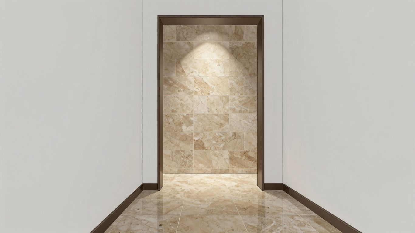 Azulejo de porcelana con aspecto de travertino en una habitación cálida.