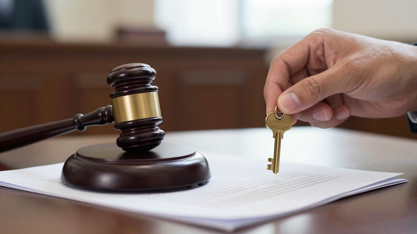 Gavel and key on legal documents in courtroom.