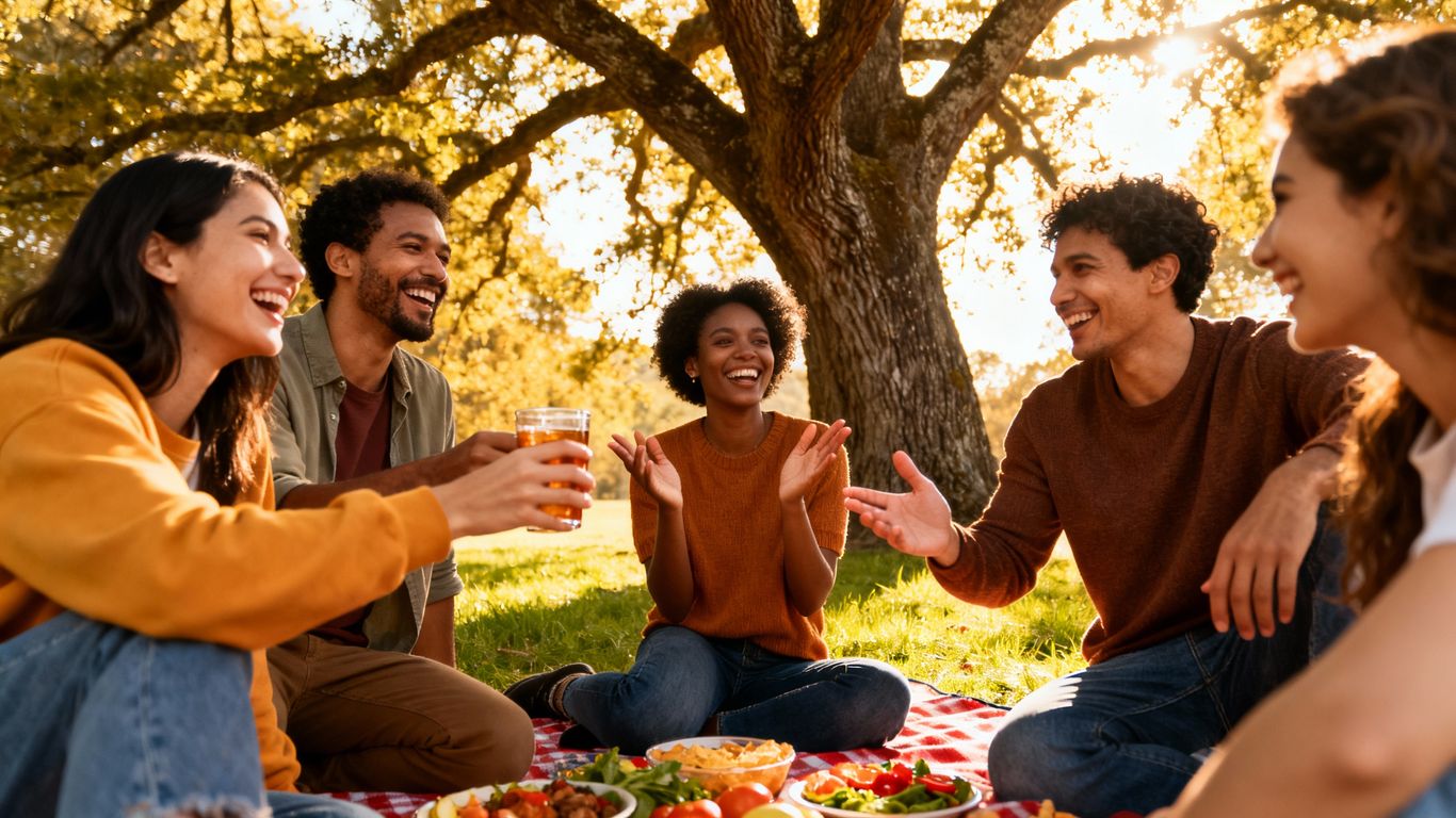 Friends sharing a meal and laughing outdoors.