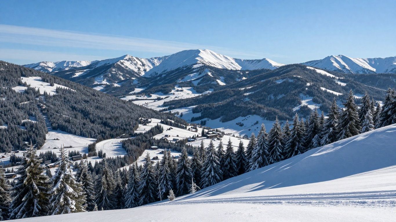 Schneebedeckte Loipen im Harz mit Sonnenlicht und Bergen.