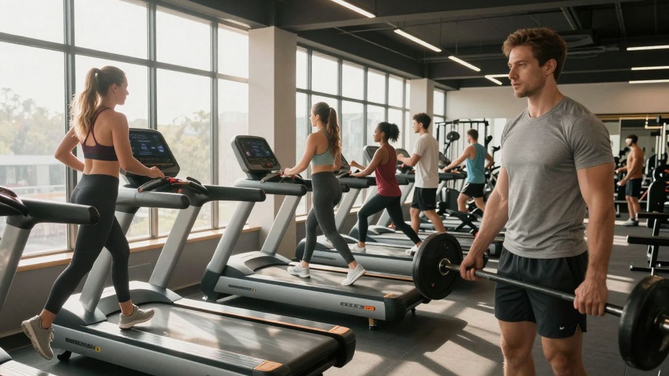 People exercising in a bright, modern gym.