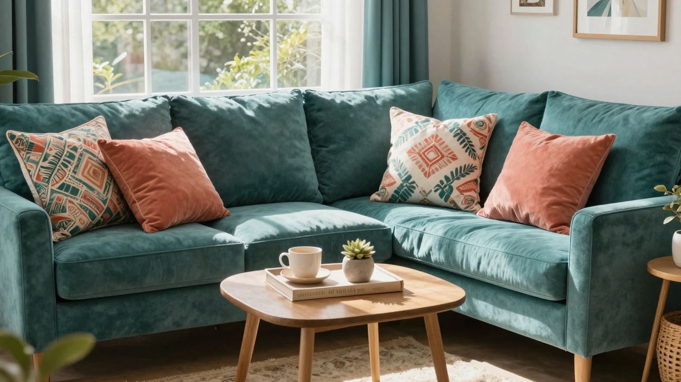 Airbnb interior with teal and coral color scheme.