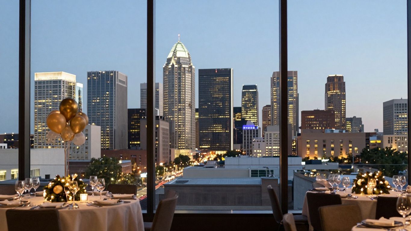 Dallas-Fort Worth skyline with festive holiday party venues.
