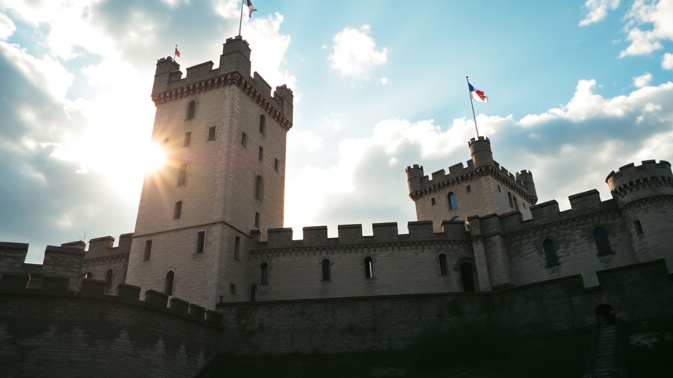 Mittelalterliche Burg mit steinernen Zinnen und Türmen.