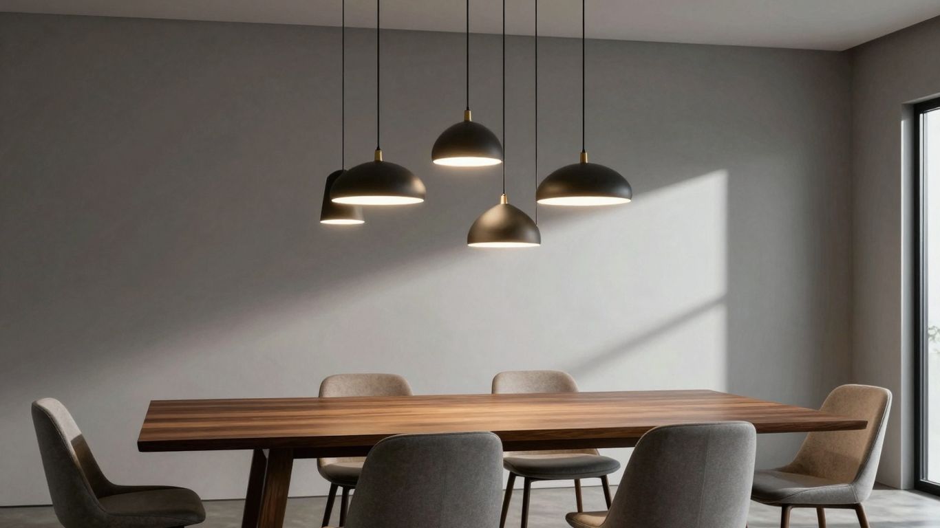 Dining room pendant lights over a table.