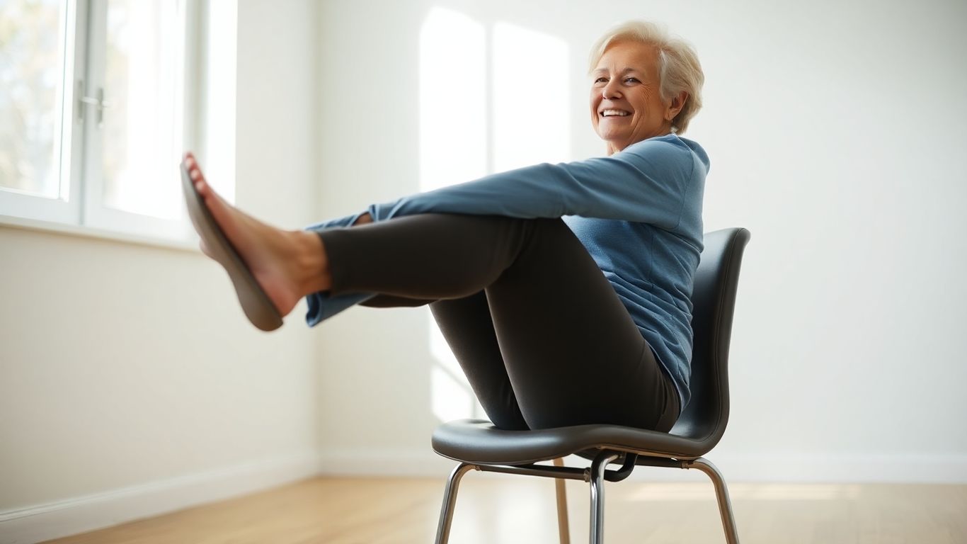 Senior woman doing leg lifts while sitting on a chair.