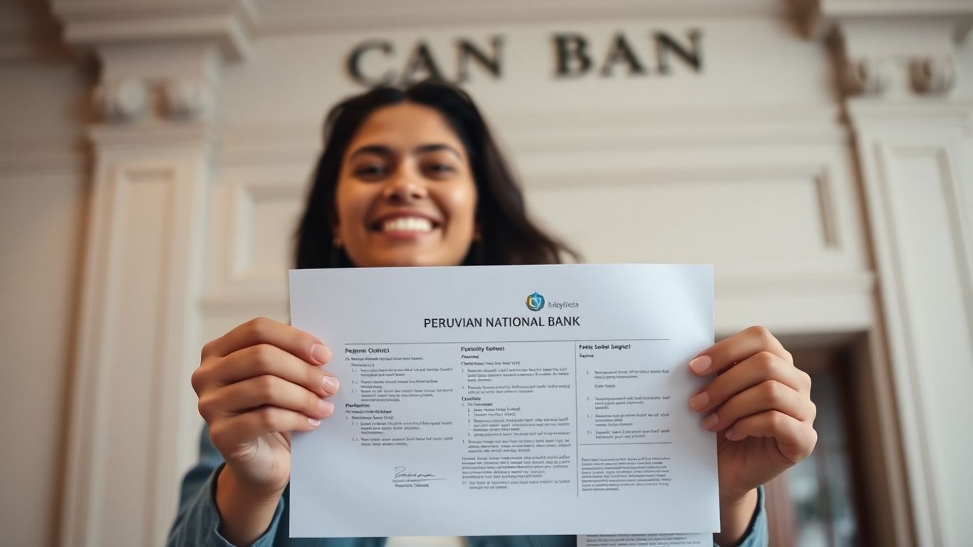 Persona feliz con documento del Banco de la Nación.