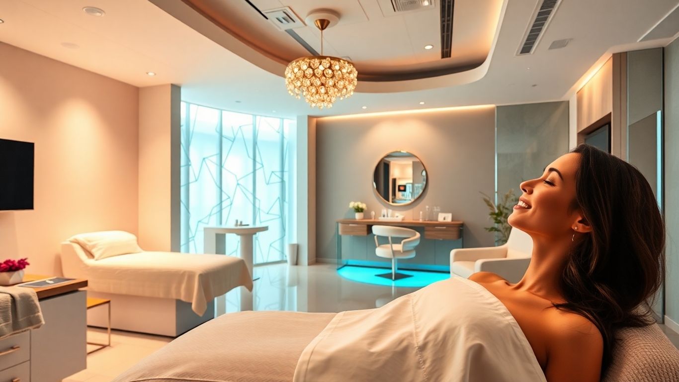 Modern medspa interior with advanced equipment and happy clients.