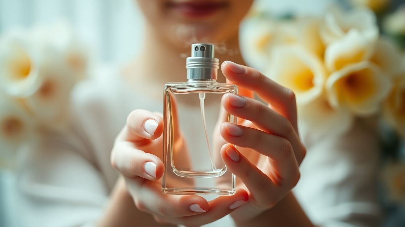 Person holding a perfume bottle with floral background.