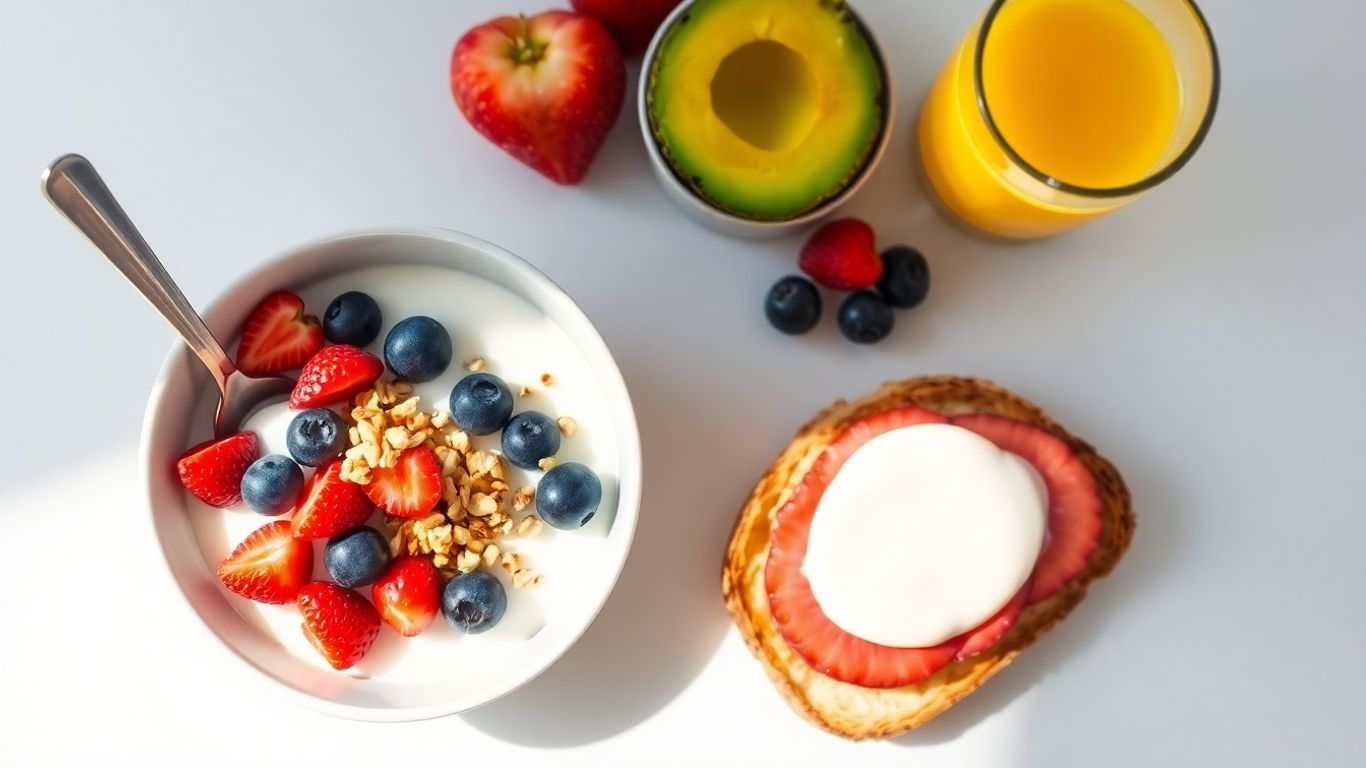 Healthy pregnancy breakfast with fruit, toast, and juice.