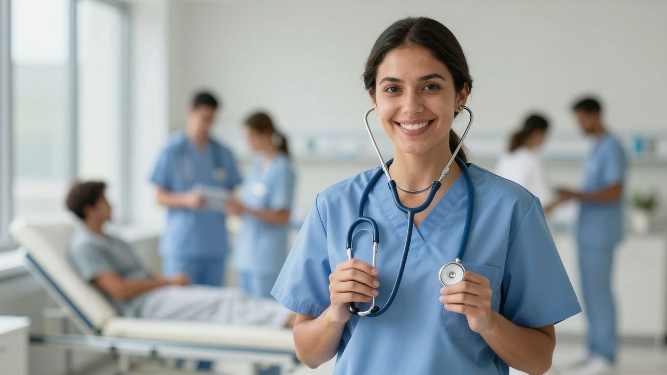 Nurse holding stethoscope in a bright hospital setting.