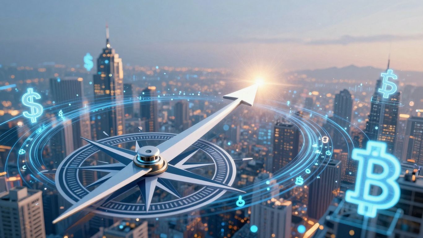 Futuristic cityscape with digital currency and compass.